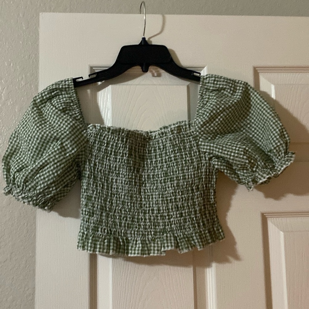 Green and white gingham crop top